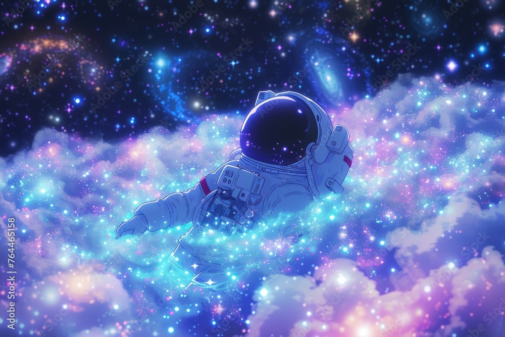 Astronaut drifting in colorful galaxy - obrazy, fototapety, plakaty 
