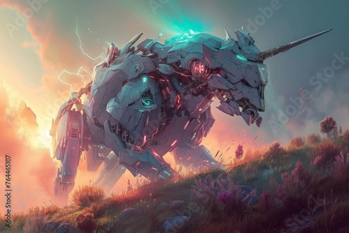 A damaged futuristic fighting robot on a peaceful, poetic lawn. Concept of war and peace.