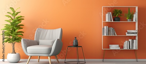 A single chair and a tall bookcase placed in a room with walls painted in a warm orange hue