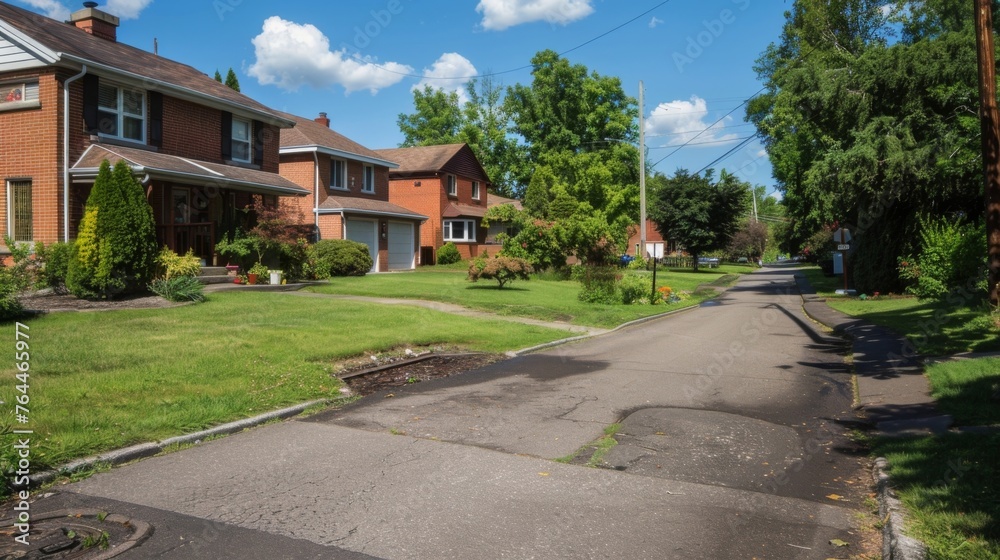 A quiet suburban street with neatly manicured lawns but a closer look reveals a small dip in the road signaling a potential sinkhole forming beneath.