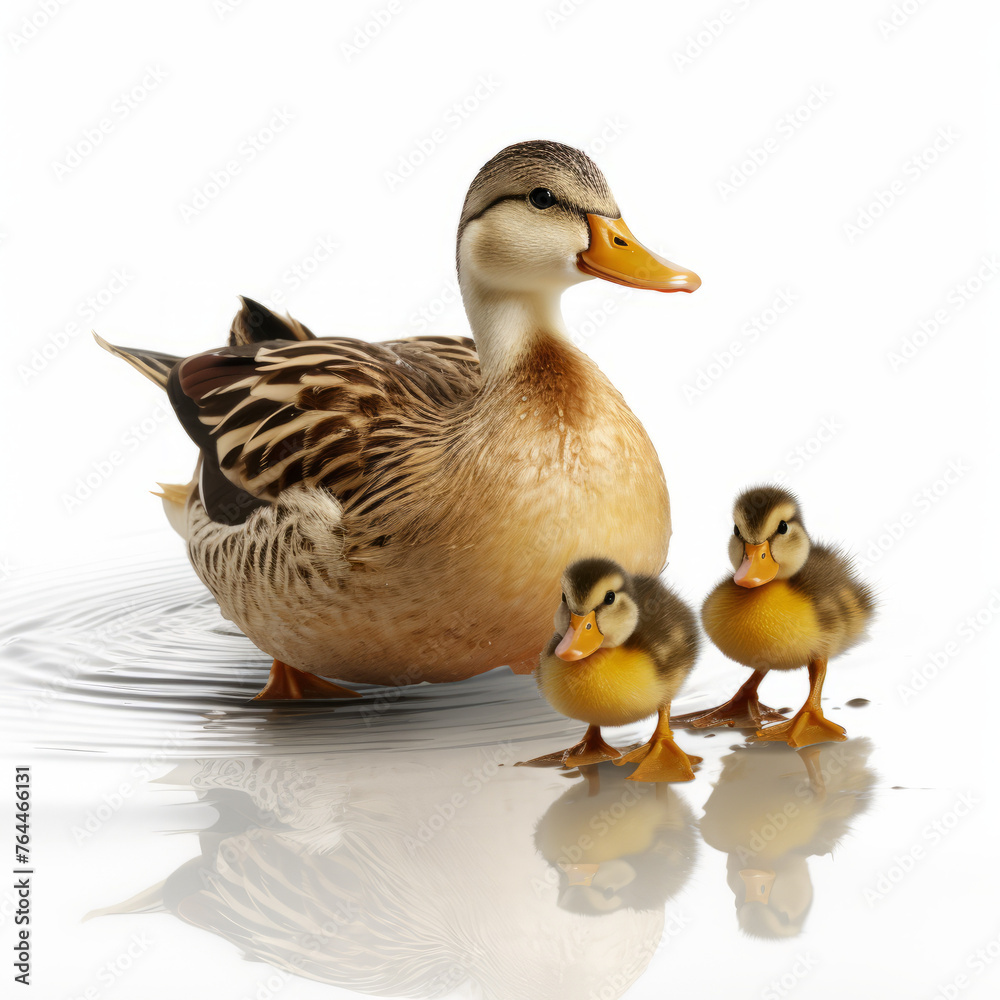 Obraz premium Clip art of a Cute brown duck -mother with 2 ducklings, looking after her kids. Concept of motherhood, love, protection. Isolated on white backround