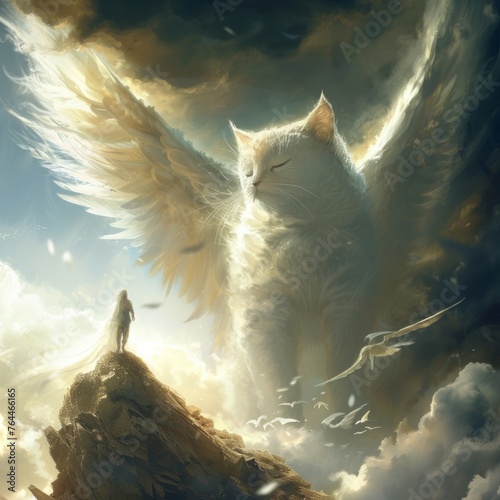 Fantasy painting of a white cat with giant wings in the clouds and a person standing on top of a mountain