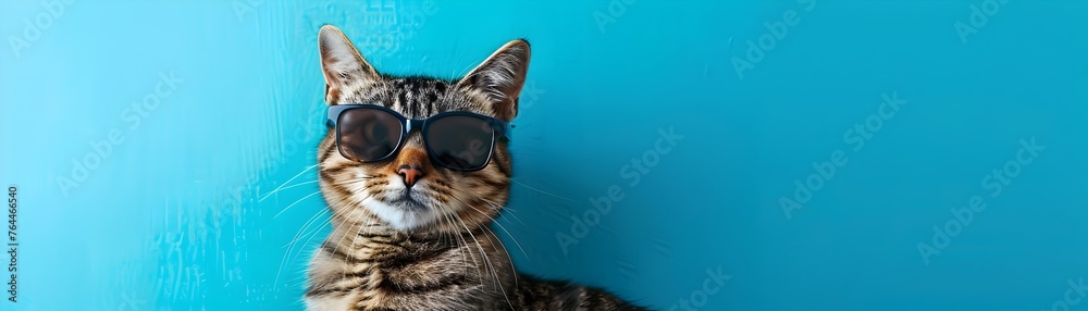 Fashionable Feline:Stylish Cat Donning Sunglasses in Vibrant Studio Setting