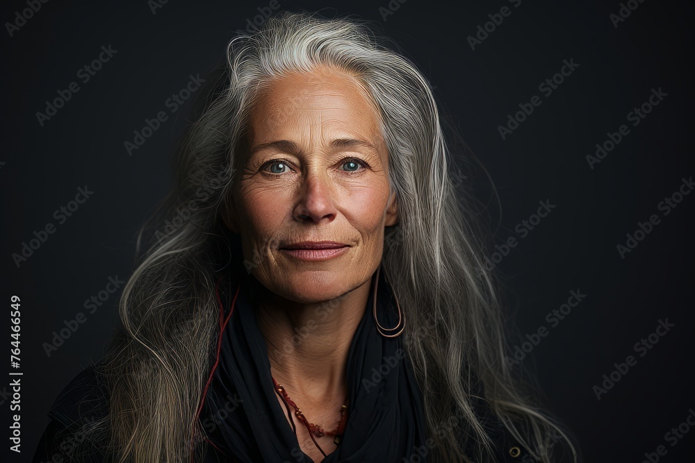 Portrait of a beautiful senior woman with long grey hair. Studio shot. Portrait of a beautiful senior woman with long grey hair. Studio shot.