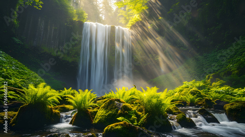 The dynamic flow of waterfalls through sunlit fern-covered gorges, showcasing the verdant beauty of cascading waters