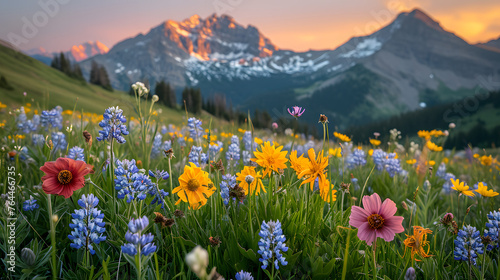 The ephemeral evening glow on alpine meadow wildflowers, highlighting the delicate blooms against the mountain backdrop © Samira