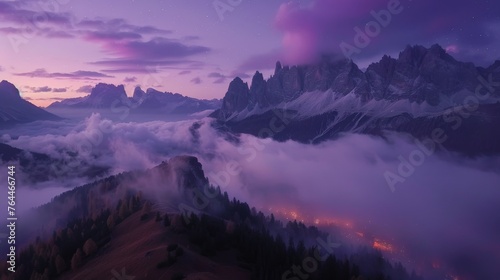 Mountains in fog on beautiful autumn night in Dolomites, Italy, landscape with alpine mountain valley, low clouds, forest, purple sky with stars, city lights at sunset, Passoggio aerial view © peerawat