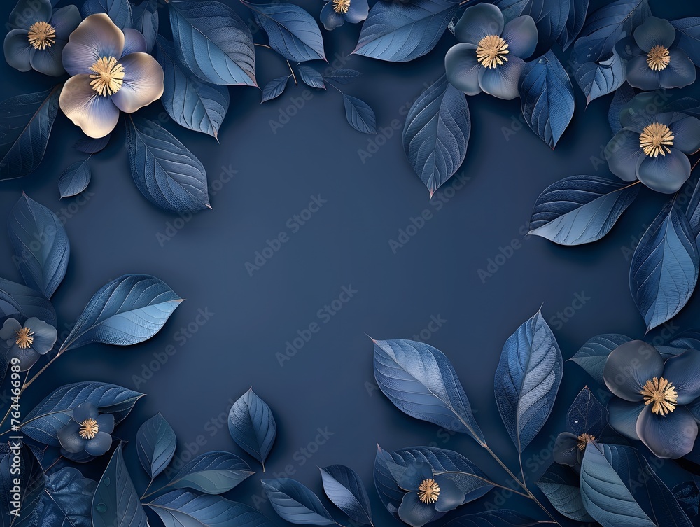 Elegant midnight blue botanical frame showcasing deep blue leaves and golden-centered flowers, creating a luxurious and serene border.