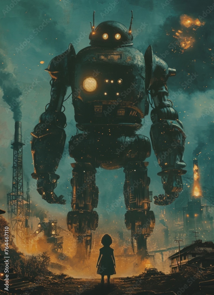 Fototapeta premium Painting of a little girl standing in front of a giant war robot