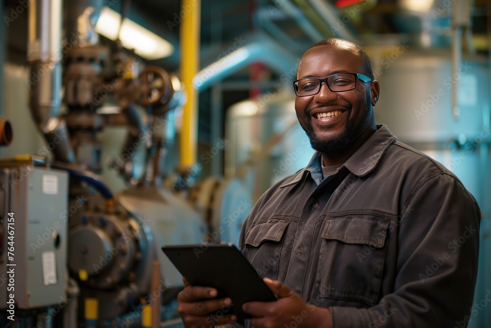 Experienced engineer in hard hat using a tablet, standing in an industrial plant with machinery in the background Experienced engineer in hard hat using a tablet, standing in an industrial plant with machinery in the background