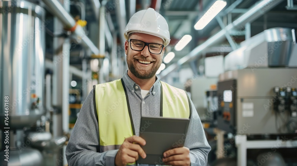 Experienced engineer in hard hat using a tablet, standing in an industrial plant with machinery in the background Experienced engineer in hard hat using a tablet, standing in an industrial plant with machinery in the background