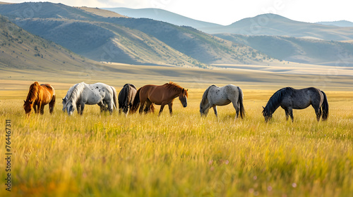 The beauty of majestic meadows with wild horses grazing in vast grasslands, portraying an equine symphony