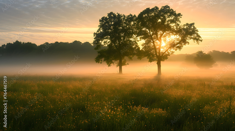 Ephemeral misty meadows bathed in the first light of day, creating a scene of dawn tranquility