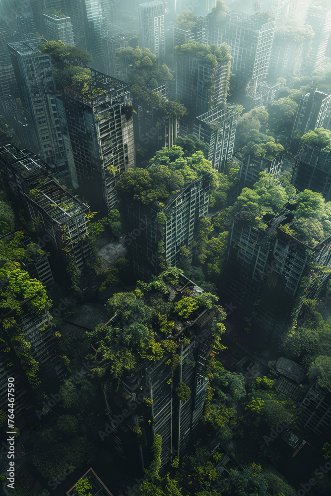 A post-apocalyptic city covered by forest