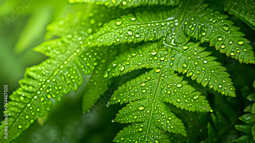 Macro details of raindrop-covered fern fronds, revealing the intricate beauty of these ancient and verdant plants photo