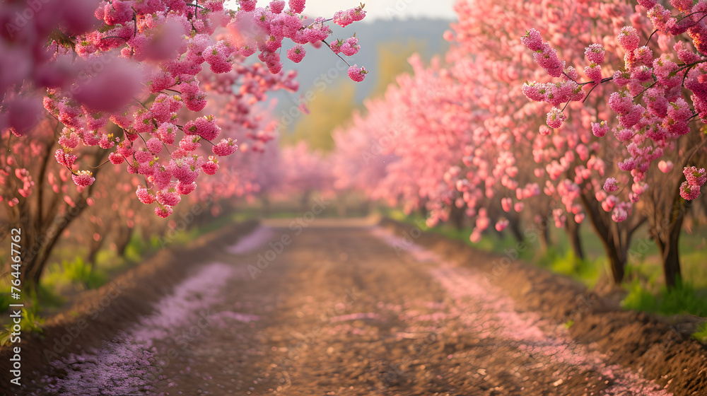 Naklejka premium Blossoming orchards with rows of fruit trees in full spring bloom, capturing the euphoria of orchard landscapes