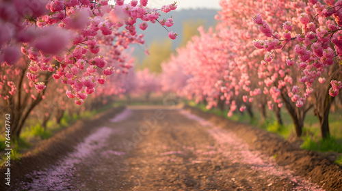 Blossoming orchards with rows of fruit trees in full spring bloom  capturing the euphoria of orchard landscapes