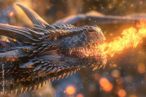 A dragon breath, captured mid-exhale. Flames emerge from its jaws, each flicker meticulously detailed. © mila103