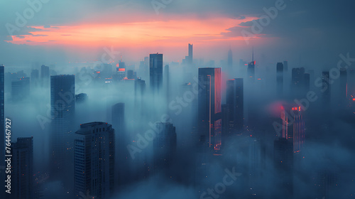 Abstract patterns in urban skylines during misty mornings  creating a veil of mystery over the cityscape