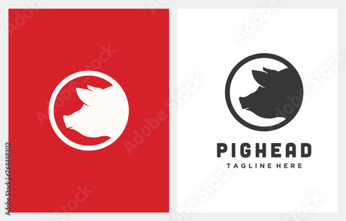 Pork Head Circle Silhouette, Meat Pig Restaurant and Farm logo design vector icon photo