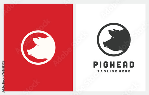 Pork Head Circle Silhouette, Meat Pig Restaurant and Farm logo design vector icon