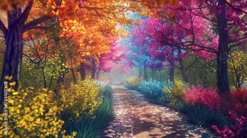 A walk through an unusual and beautiful spring fantasy forest with views of colorful trees.Ai generated