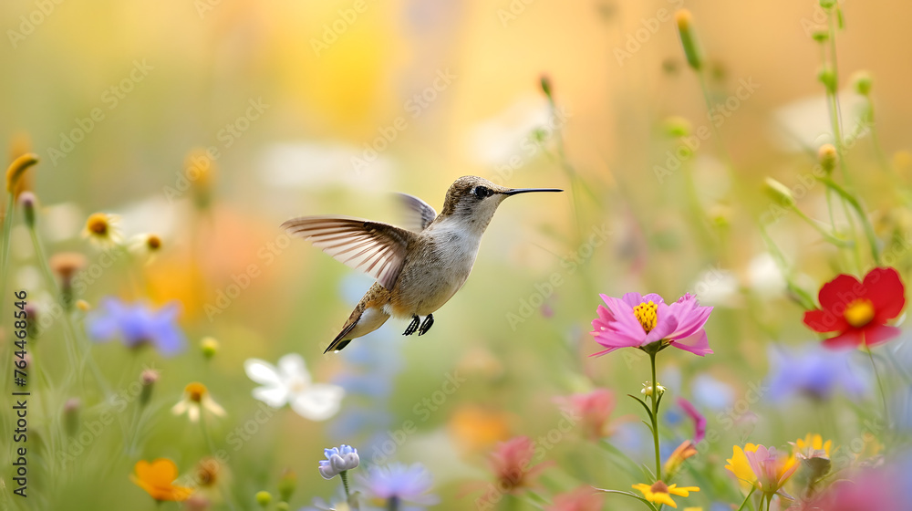 Fototapeta premium Whimsical scenes in wildflower meadows, capturing the playful interaction between vibrant blooms and hovering hummingbirds