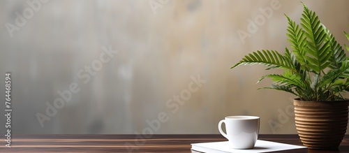A lush green plant in a decorative pot placed next to an open book, creating a serene and scholarly setting photo