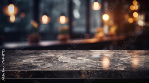 Modern empty dark marble table top or kitchen island on blurry bokeh kitchen