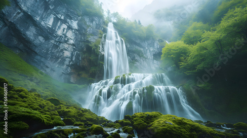 The majesty of a waterfall veiled in the soft embrace of morning mist  creating a dreamlike and serene atmosphere