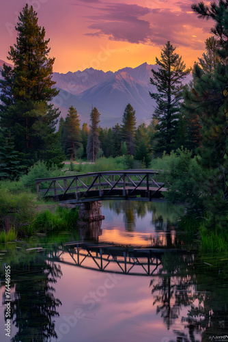 The Enchanting Serenity of a Misty Mountain Landscape: Sunset over Pristine Wilderness with a Reflective Lake and Wooden Bridge