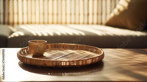 Wooden Tray with Soft Morning Sunlight, Japanese Bright Theme. Generative AI.
