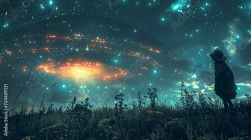 Little girl faces mysterious giant UFO in field at night, fantasy wallpaper