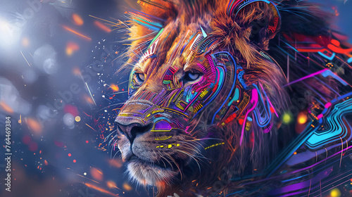 vibrantly colored lion cyborg photo