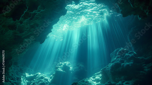 Surreal underwater cave scenes, capturing the interplay of dappled light and the hidden wonders of the ocean