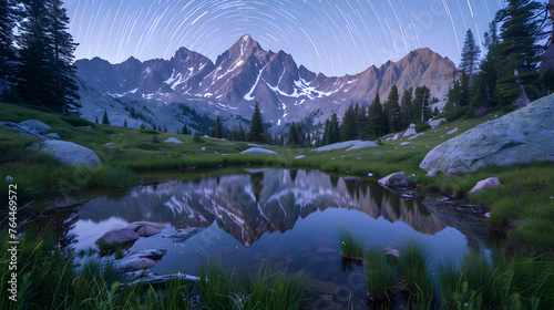 Reflections in mountain lakes at night  incorporating star trails to add a celestial and majestic touch to the scene