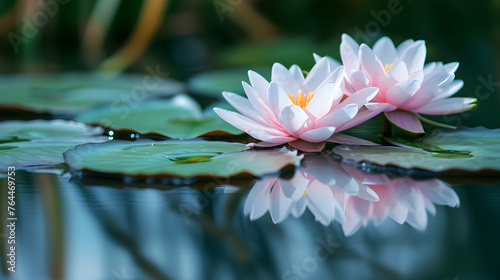 Serene water lilies floating in reflection ponds, capturing the tranquility of these botanical jewels