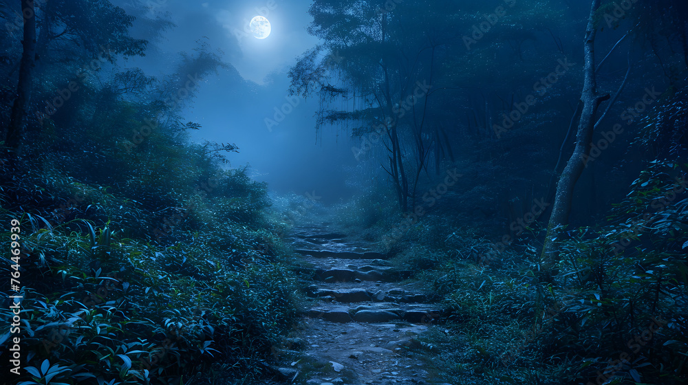 Mystical moonlit hiking trails cutting through dense forests, creating an enchanting atmosphere for exploration