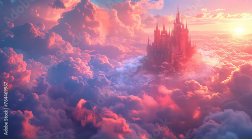 Majestic fantasy castle amid a dreamlike cloudscape with a sunrise backdrop,ai generated