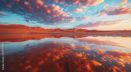 Sunset reflects on water amidst a tranquil desert with vibrant sand dunes and clouds,ai generated
