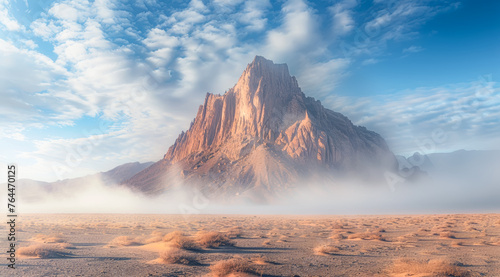 A dramatic mountain rises from a foggy desert landscape at sunrise, exemplifying natural beauty,ai generated
