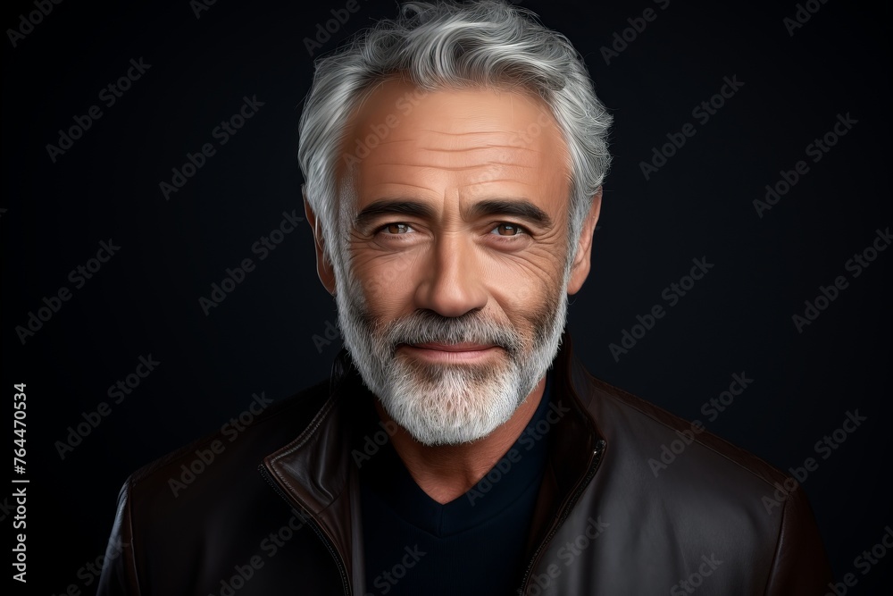 Portrait of a handsome mature man with grey hair and beard.