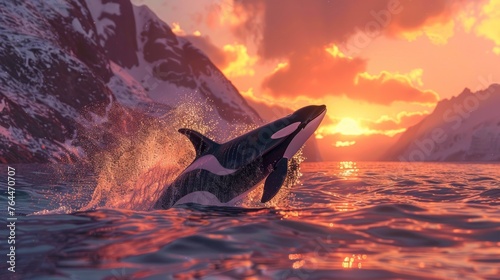 Killer whale aka Orca jumping from the water at sunset. Ai generated photo