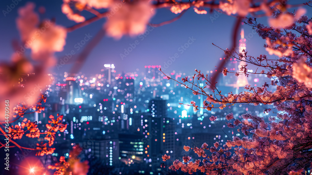 City skylines through blossoming cherry trees at night, combining urban lights with the delicate beauty of spring