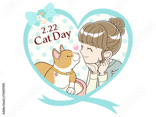 猫の日フレーム　ラブラブな猫と飼い主女性