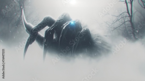 A terrifying giant black hand reached out from the foggy jungle