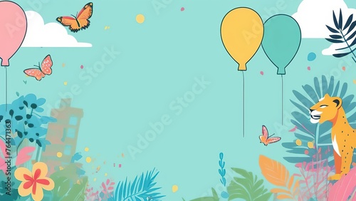 Watercolor frame with tropical leaves, balloons and animals. Lion, birds, butterflies, tropical flowers. Background with place for text. Floral frame for design of birthday invitations, cards.