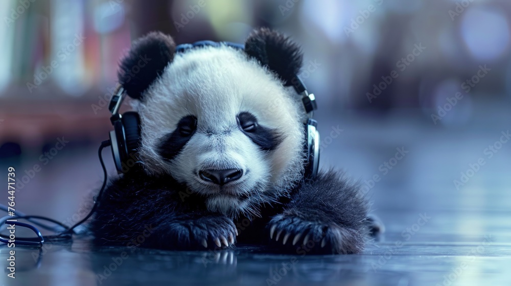 Fototapeta premium A cute panda wearing headphones listens to music while lying on the floor. AI generated