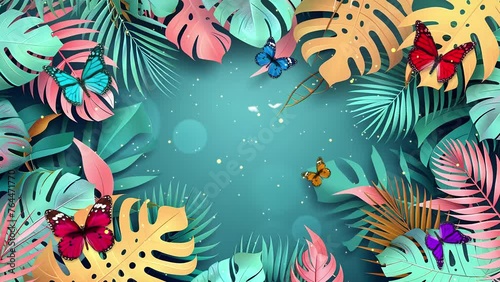 green background with exotic jungle tropical palm leaves in summer. seamless looping overlay 4k virtual video animation background