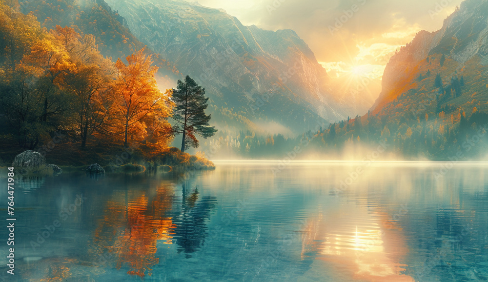 Sunrise in the mountains with beautiful lake. Created with Ai